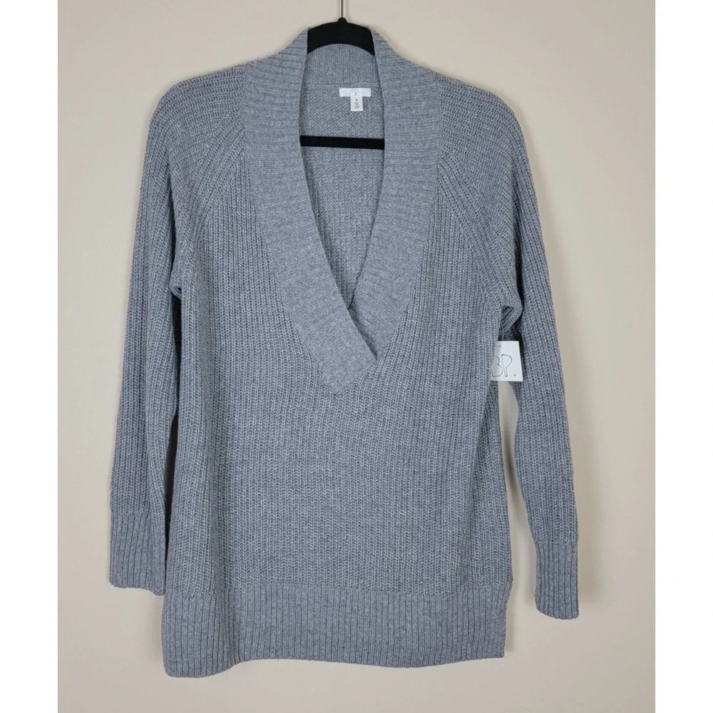BP Deep V-Neck Ribbed Knit Tunic Sweater Womens XS Grey Long‎ Sleeve Pullover